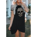 Black Leopard Ghost Graphic Mixed Print Sleeve T Shirt Dress with Twist