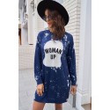 Blue WOMAN UP Bleached Tie-dye Long Sleeve Dress