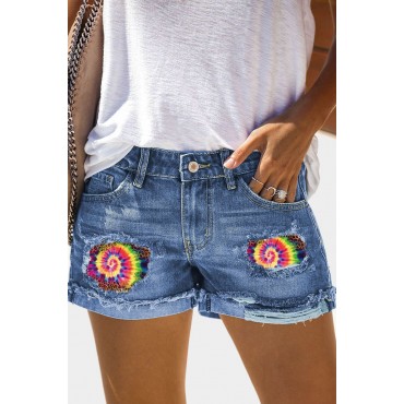 Sky Blue Tie-dye Swirl Leopard Ripped Folded Hem Denim Shorts Sky Blue Tie-dye Swirl Leopard Ripped Folded Hem Denim Shorts