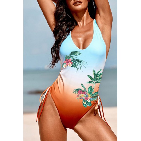Sky Blue Floral Plant Gradient Color Print Drawstring One-piece Swimsuit